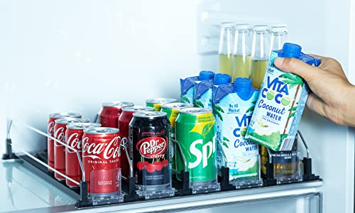 Jillmo Drink Organizer for Fridge, Self-Pushing Soda Can Organizer for Refrigerator, Width Adjustable Pusher Glide, Black, 5 Row
