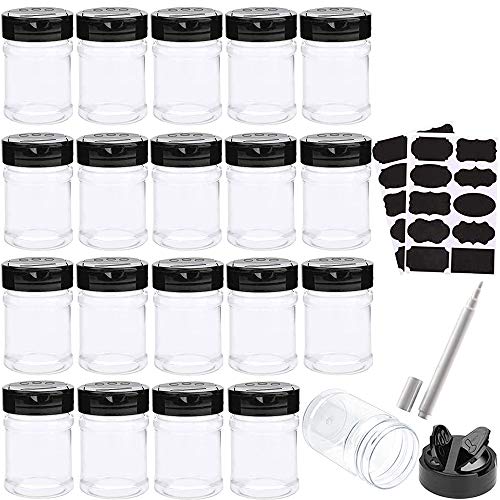 20 Pack 5oz Clear Plastic Spice jars Storage Bottle Container,Seasoning bottles with Black Cap,Chalkboard labels,Chalk Marker for Storing Spice,Herbs,Powders,Salt and Pepper