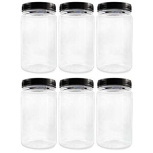 cornucopia 32oz clear plastic jars with black ribbed lids (6 pack): bpa free pet quart size canisters for kitchen & household storage