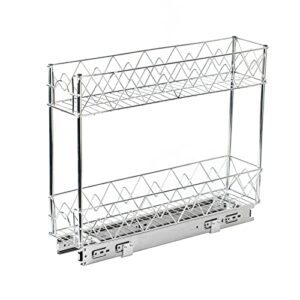 glolaurge pull out cabinet organizer 5″ w x 21″ d, 2-tier narrow kitchen cabinet drawer slide out shelves, chrome