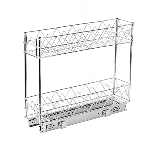 Glolaurge Pull Out Cabinet Organizer 5" W x 21" D, 2-Tier Narrow Kitchen Cabinet Drawer Slide Out Shelves, Chrome