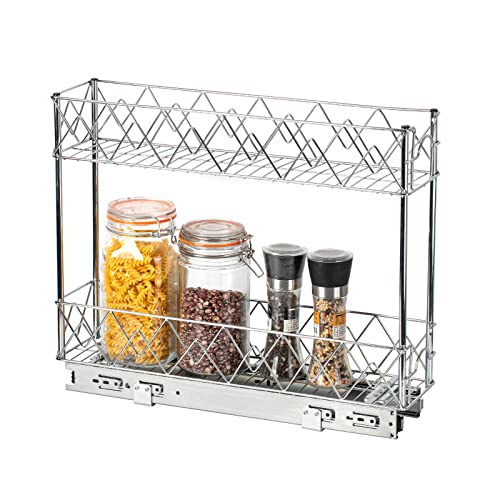 Glolaurge Pull Out Cabinet Organizer 5" W x 21" D, 2-Tier Narrow Kitchen Cabinet Drawer Slide Out Shelves, Chrome