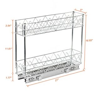 Glolaurge Pull Out Cabinet Organizer 5" W x 21" D, 2-Tier Narrow Kitchen Cabinet Drawer Slide Out Shelves, Chrome