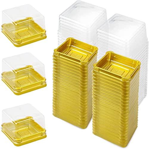 Pralb 100 Set Clear Plastic Mini Cupcake Boxes Muffin Pod Dome Muffin Single Container Box Wedding Birthday Gifts Supplies for Cheese Pastry Dessert Mooncake (square, gold)