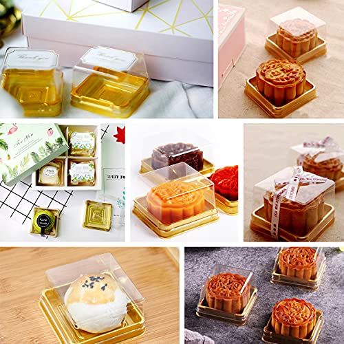 Pralb 100 Set Clear Plastic Mini Cupcake Boxes Muffin Pod Dome Muffin Single Container Box Wedding Birthday Gifts Supplies for Cheese Pastry Dessert Mooncake (square, gold)