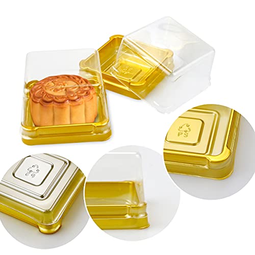 Pralb 100 Set Clear Plastic Mini Cupcake Boxes Muffin Pod Dome Muffin Single Container Box Wedding Birthday Gifts Supplies for Cheese Pastry Dessert Mooncake (square, gold)