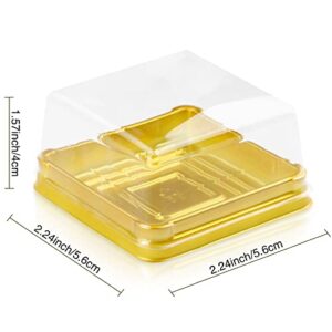 Pralb 100 Set Clear Plastic Mini Cupcake Boxes Muffin Pod Dome Muffin Single Container Box Wedding Birthday Gifts Supplies for Cheese Pastry Dessert Mooncake (square, gold)