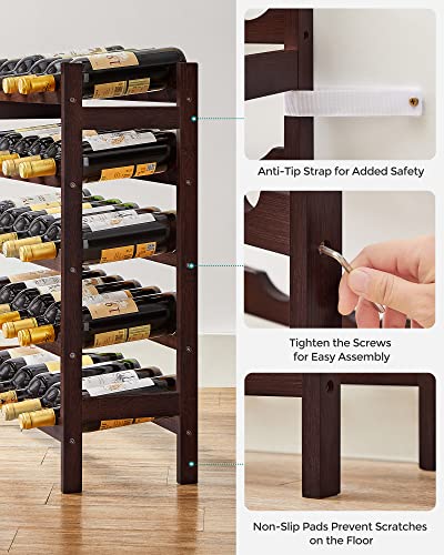 SONGMICS 30-Bottle Wine Rack, 5-Tier Freestanding Floor Bamboo Wine Holder, Display Stand Shelves, Wave Bars, Espresso UKWR25BR