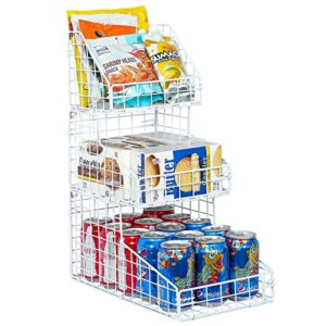 3 tier stackable narrow wire basket for pantry organization and storage, metal snack organizer, multifunctional storage basket for snacks fruits vegetables canned food soda drinks, white