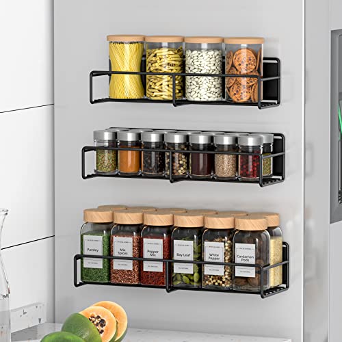 Magnetic Spice Rack Organizer 3 Pack, Magnetic Spice Rack for Refrigerator, Magnetic Shelf for Holding Spices, Jars, Seaoning and Bottle, Metal&Black