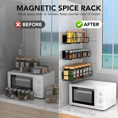 Magnetic Spice Rack Organizer 3 Pack, Magnetic Spice Rack for Refrigerator, Magnetic Shelf for Holding Spices, Jars, Seaoning and Bottle, Metal&Black