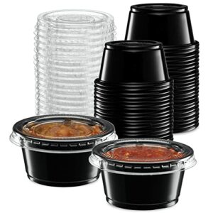 {2 oz - 100 Sets} Black Diposable Plastic Portion Cups With Lids, Small Mini Containers For Portion Controll, Jello Shots, Meal Prep, Sauce Cups, Slime, Condiments, Medicine, Dressings, Crafts, Disposable Souffle Cups & Much more