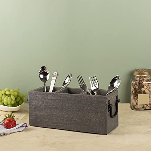 GoCraft 3 Compartment Flatware Caddy, Cutlery Utensil Holder, Organizer Caddy Box For Cooking, Silverware, Flatware, Sauce Spoon, Tongs, and More, Grey Washed Mango Wood Caddy with Metal Handles