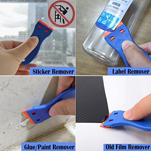 EHDIS 1.5" Plastic Razor Scraper with 10pcs Double Edged Plastic Blades for Removing Labels Stickers Decals on Glass Windows (Blue)