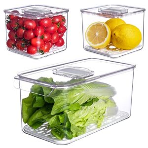 vacane fresh produce saver for refrigerator, 3 pcs food fruit lettuce keeper containers, salad vegetable storage organizers stackable, bpa-free stay fridge storage containers