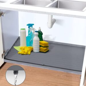 tachland under sink mat 34 x 22 waterproof under kitchen sink mat cabinet mat with drain hole under sink tray for bathroom, fits 36″ cabinet, dark grey
