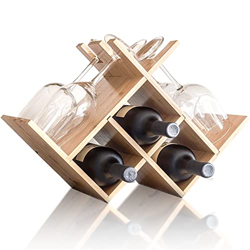 REHAU Wood Wine Racks Countertop with Glass Holder (4) – Sturdy Bamboo Wine Rack, 3 Wine Bottle Holder – Small Wine Holder Stand, Wooden Wine Rack Countertop – Small Wine Rack with Glass