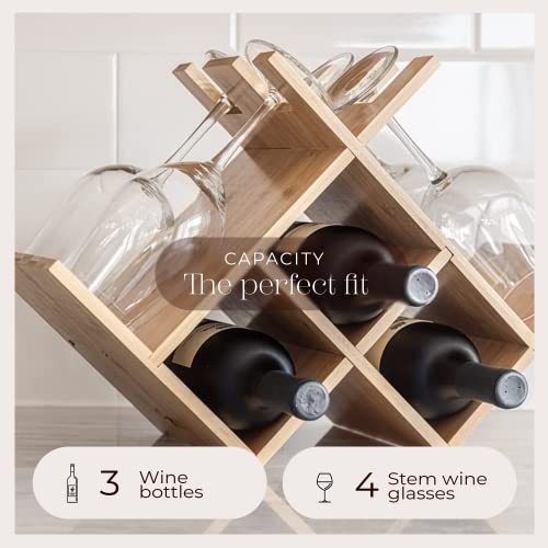 REHAU Wood Wine Racks Countertop with Glass Holder (4) – Sturdy Bamboo Wine Rack, 3 Wine Bottle Holder – Small Wine Holder Stand, Wooden Wine Rack Countertop – Small Wine Rack with Glass