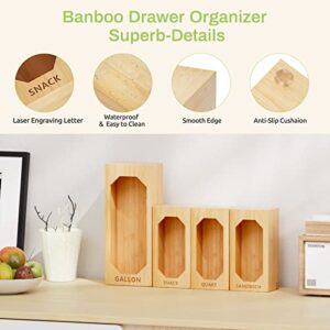 Cutelove Ziplock Bag Storage Organizer - Bamboo Drawer Organizer for Kitchen Drawer, Suitable for Ziplock, Plastic, Sandwich, Gallon, Quart, Variety Size Baggie, Pack of 4