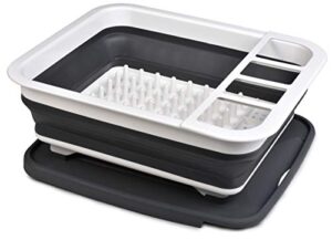 collapsible dish drying rack – popup and collapse for easy storage, drain water directly into the sink, room for eight large plates, sectional cutlery and utensil compartment, compact and portable.