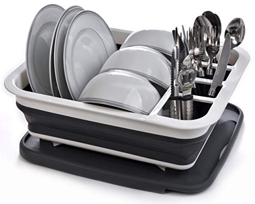 Collapsible Dish Drying Rack - Popup and Collapse for Easy Storage, Drain Water Directly into the Sink, Room for Eight Large Plates, Sectional Cutlery and Utensil Compartment, Compact and Portable.