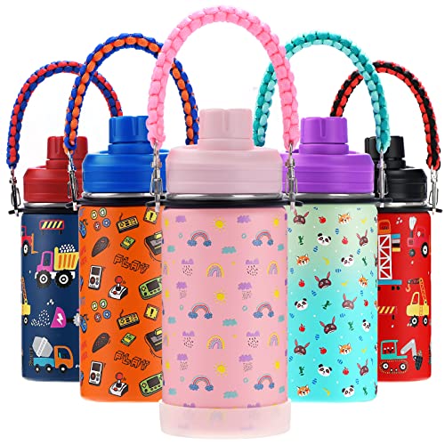 WEREWOLVES 14 oz Kids Water Bottle with Leakproof Spout Lid, Paracord Handle & Boot, Insulated Wide Mouth Stainless Steel, Reusable Double Walled Vacuum Bottle for Girls, Boys, Pink Rainbow