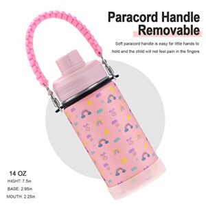 WEREWOLVES 14 oz Kids Water Bottle with Leakproof Spout Lid, Paracord Handle & Boot, Insulated Wide Mouth Stainless Steel, Reusable Double Walled Vacuum Bottle for Girls, Boys, Pink Rainbow