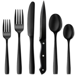 netany 24 pieces black silverware set, black flatware set, food-grade stainless steel cutlery set for 4, tableware eating utensils, mirror finished, dishwasher safe