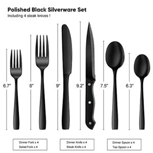 NETANY 24 Pieces Black Silverware Set, Black Flatware Set, Food-Grade Stainless Steel Cutlery Set for 4, Tableware Eating Utensils, Mirror Finished, Dishwasher Safe