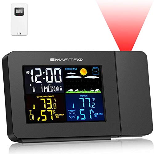 SMARTRO SC91 Projection Alarm Clock for Bedrooms with Weather Station, Wireless Indoor Outdoor Thermometer, Temperature Humidity Monitor Gauge Hygrometer