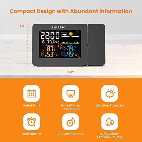 SMARTRO SC91 Projection Alarm Clock for Bedrooms with Weather Station, Wireless Indoor Outdoor Thermometer, Temperature Humidity Monitor Gauge Hygrometer