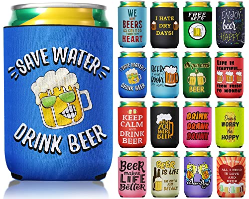 16 Pieces Beer Can Sleeves Funny Quotes Beer Can Coolers Insulated Beer Soda Can Cover 12 oz Neoprene Beer Holder Non Slip Colored Drink Can Covers for Beer Cans and Bottles Home Kitchen Office Bar