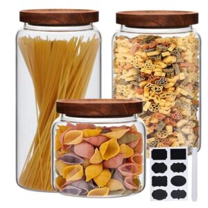 datttcc glass canister set, large glass jars with airtight lid set of 3,glass food containers wooden lids for kitchen pantry for flour,noodle,egg,coffee,tea(1l/2l/3l)