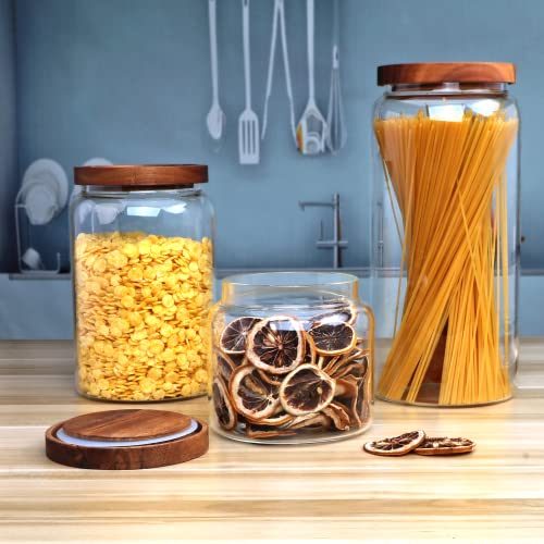 Datttcc Glass Canister set, Large Glass Jars with Airtight Lid Set of 3,Glass Food Containers Wooden Lids for Kitchen Pantry for Flour,Noodle,Egg,Coffee,Tea(1L/2L/3L)