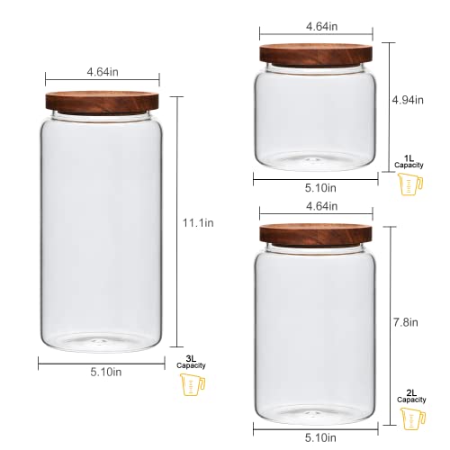 Datttcc Glass Canister set, Large Glass Jars with Airtight Lid Set of 3,Glass Food Containers Wooden Lids for Kitchen Pantry for Flour,Noodle,Egg,Coffee,Tea(1L/2L/3L)