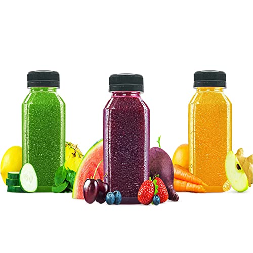 MANSHU 3 Pack 8 OZ Plastic Juice Bottles, Reusable Bulk Beverage Containers, Comes Black lid, for Juice, Milk and Other Beverages.