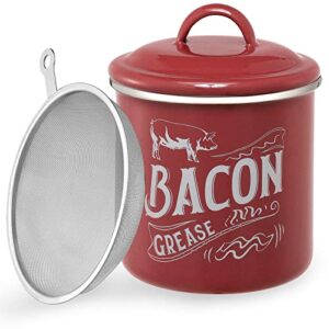 [ larger capacity ] bacon grease container with fine strainer and lid – 38 oz enamel bacon grease keeper oil can for bacon fat dripping – farmhouse or kitchen gift & decor, bacon cooker accessories