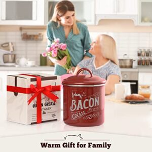 [ Larger Capacity ] Bacon Grease Container with Fine Strainer and Lid - 38 OZ Enamel Bacon Grease Keeper Oil Can for Bacon Fat Dripping - Farmhouse or Kitchen Gift & Decor, Bacon Cooker Accessories