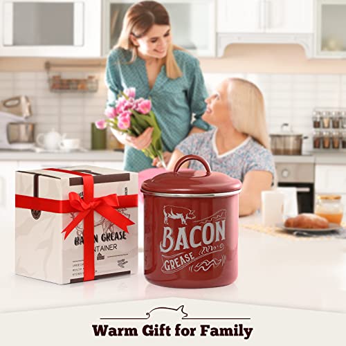 [ Larger Capacity ] Bacon Grease Container with Fine Strainer and Lid - 38 OZ Enamel Bacon Grease Keeper Oil Can for Bacon Fat Dripping - Farmhouse or Kitchen Gift & Decor, Bacon Cooker Accessories