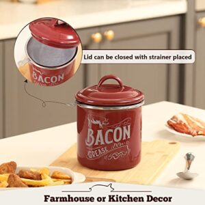 [ Larger Capacity ] Bacon Grease Container with Fine Strainer and Lid - 38 OZ Enamel Bacon Grease Keeper Oil Can for Bacon Fat Dripping - Farmhouse or Kitchen Gift & Decor, Bacon Cooker Accessories