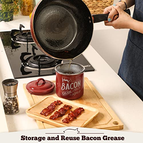 [ Larger Capacity ] Bacon Grease Container with Fine Strainer and Lid - 38 OZ Enamel Bacon Grease Keeper Oil Can for Bacon Fat Dripping - Farmhouse or Kitchen Gift & Decor, Bacon Cooker Accessories