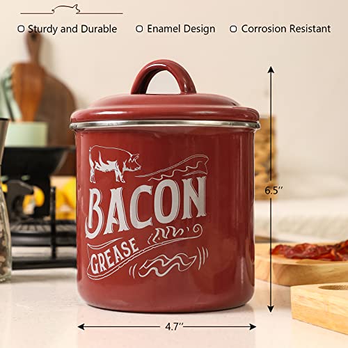 [ Larger Capacity ] Bacon Grease Container with Fine Strainer and Lid - 38 OZ Enamel Bacon Grease Keeper Oil Can for Bacon Fat Dripping - Farmhouse or Kitchen Gift & Decor, Bacon Cooker Accessories