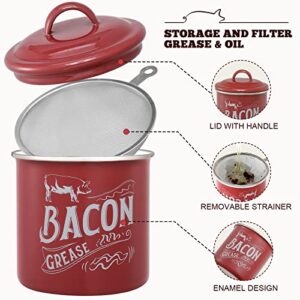 [ Larger Capacity ] Bacon Grease Container with Fine Strainer and Lid - 38 OZ Enamel Bacon Grease Keeper Oil Can for Bacon Fat Dripping - Farmhouse or Kitchen Gift & Decor, Bacon Cooker Accessories