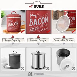 [ Larger Capacity ] Bacon Grease Container with Fine Strainer and Lid - 38 OZ Enamel Bacon Grease Keeper Oil Can for Bacon Fat Dripping - Farmhouse or Kitchen Gift & Decor, Bacon Cooker Accessories