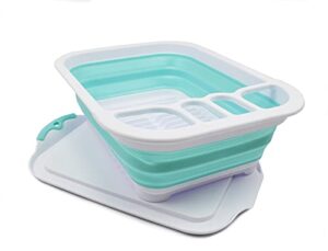 sammart 7.5l (2 gallon) collapsible dish drainer with drainer board – foldable drying rack set – portable dinnerware organizer – space saving kitchen storage tray (white/lake green, 1)