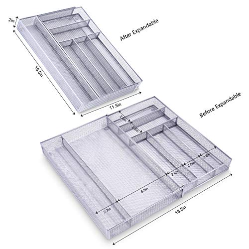 WuGeShop Mesh Kitchen Drawer Organizer Expandable, 7 Compartment Large Silverware Organizer/Cutlery Tray with Anti-Slip Mat, Adjustable Utensils Organizer Flatware Tray