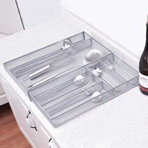 WuGeShop Mesh Kitchen Drawer Organizer Expandable, 7 Compartment Large Silverware Organizer/Cutlery Tray with Anti-Slip Mat, Adjustable Utensils Organizer Flatware Tray