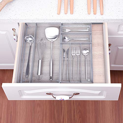 WuGeShop Mesh Kitchen Drawer Organizer Expandable, 7 Compartment Large Silverware Organizer/Cutlery Tray with Anti-Slip Mat, Adjustable Utensils Organizer Flatware Tray