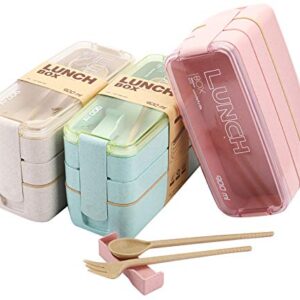 Yesland 3 Packs Bento Box, Japanese Lunch Box with Divider, Wheat Straw 3-In-1 Compartment Stackable Lunch Containers Meal Prep Containers for Kids and Adults (Green/Pink/Beige)