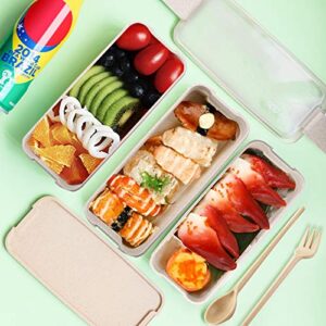 Yesland 3 Packs Bento Box, Japanese Lunch Box with Divider, Wheat Straw 3-In-1 Compartment Stackable Lunch Containers Meal Prep Containers for Kids and Adults (Green/Pink/Beige)